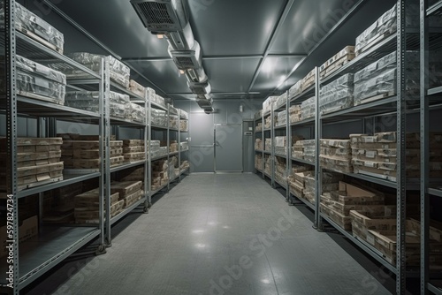 Cold storage room w/ metal shelves & racks for frozen food. Air conditioning on wall. Selective storage in warehouse. Generative AI