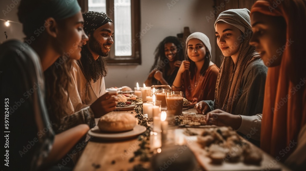 A group of people from various backgrounds and cultures sharing a meal together, celebrating tolerance and understanding. Generative AI