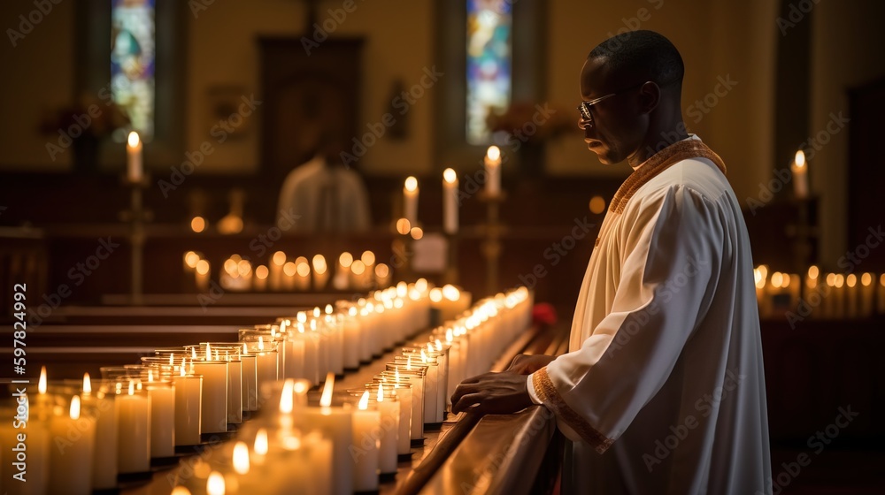 A priest leading a prayer service in honor of the saints in a beautifully lit church. Generative AI