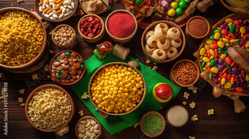 Festa Junina party background with popcorn, peanuts and traditional sweets. Brazilian summer harvest festival concept, generative ai
