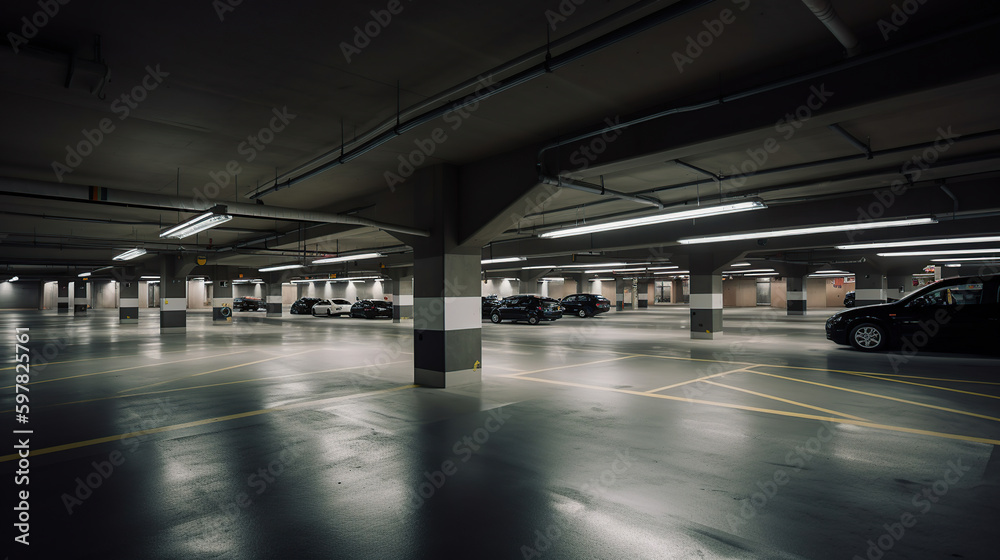 Empty car parking garage with lighting and columns, generative ai