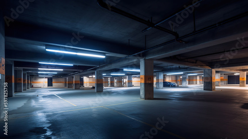 Empty shopping mall underground parking lot or garage interior with concrete stripe painted columns, generative ai