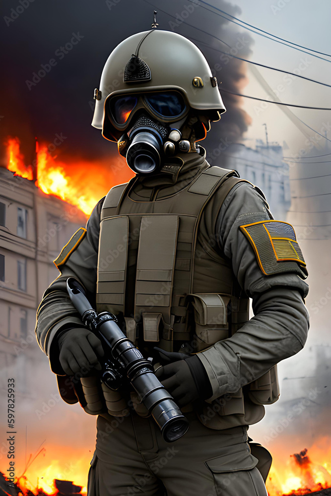 Soldier in war zone, with explosions and burning buildings.