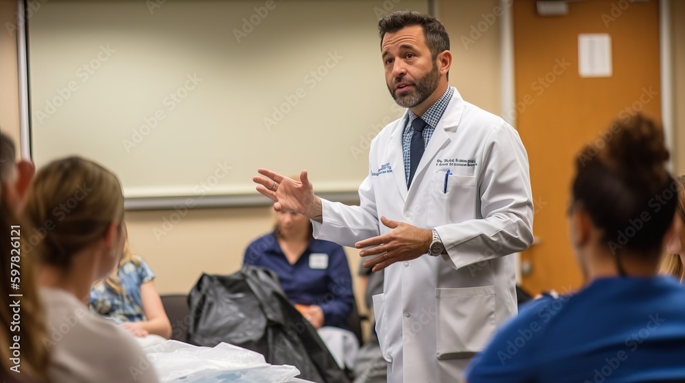 A doctor giving a presentation on heart health and the importance of regular checkups to a group:of people. Generative AI