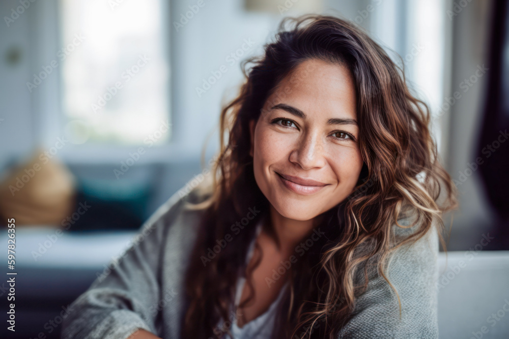 Woman relaxing at home smiling at the camera. Generative AI. Woman relaxing at home smiling at the camera. Generative AI.