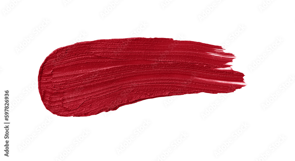 Red lipstick swatch isolated on transparent background. Brush stroke of lipstick or wet eye shadow for design. - obrazy, fototapety, plakaty 