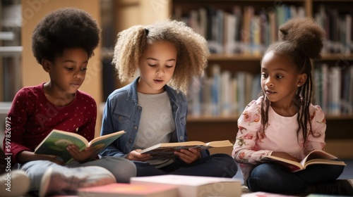 Diverse group of children reading books together in a library. Generative AI