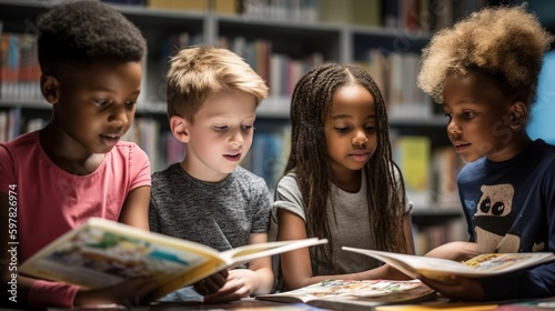 Diverse group of children reading books together in a library. Generative AI