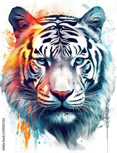 Tiger psychic wave  fire watercolor  colorful  animal  wild life  wall art  digital print. Generative AI
