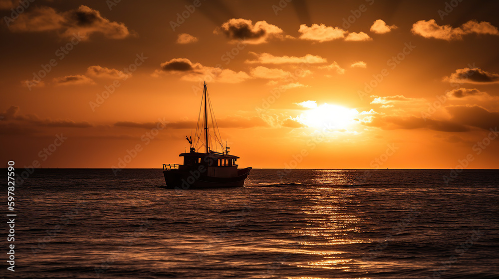Boat on the sea at sunset in Key West, generative ai