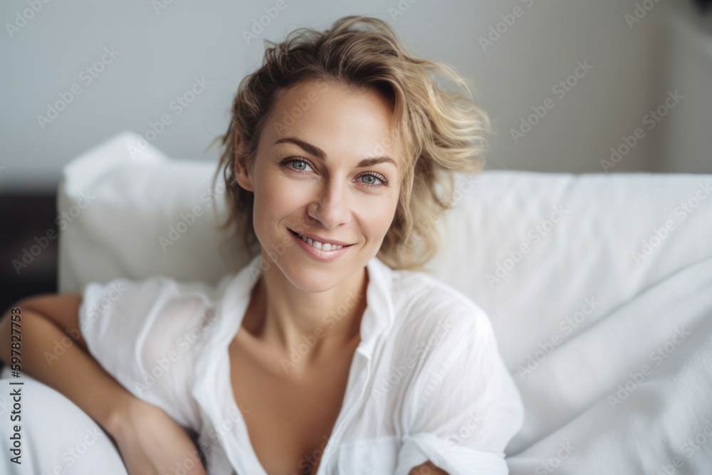 Smiling woman sitting on a sofa. Generative AI. Smiling woman sitting on a sofa. Generative AI.
