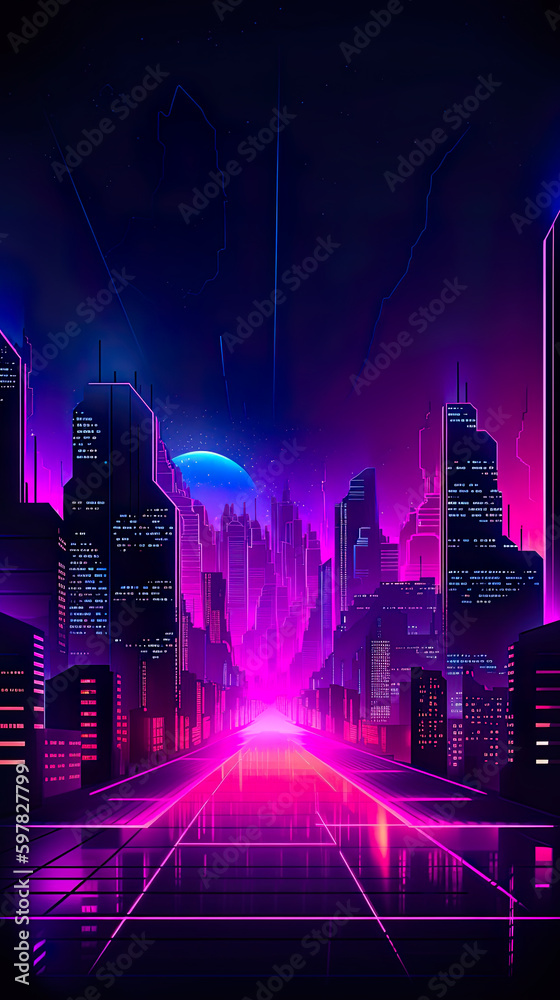 Symmetrical city skyline, purple and magenta neon on black background, 80s style, AI generative image