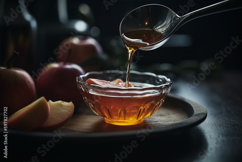 Adding apple cider vinegar to spoon. Generative AI photo