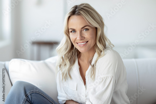 Smiling woman wearing white sitting on the couc. Generative AI.