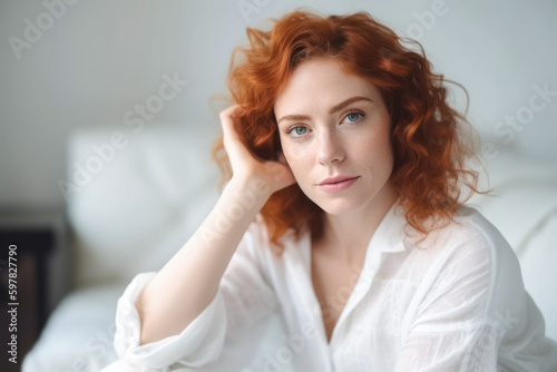 Red haired woman relaxing at home. Generative AI.