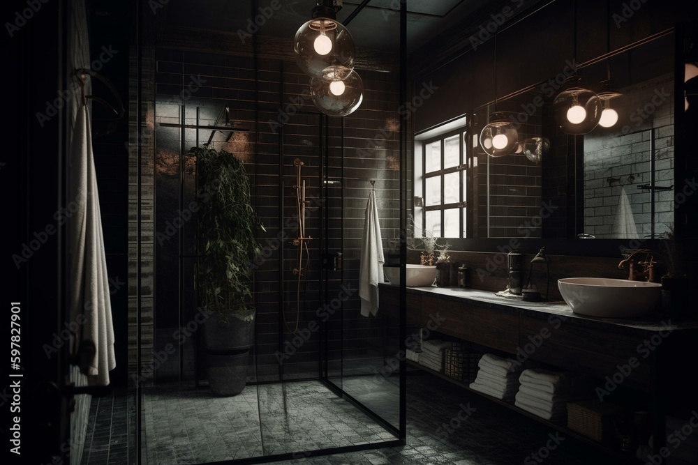 Dark bathroom featuring shower and two mirrors. Generative AI
