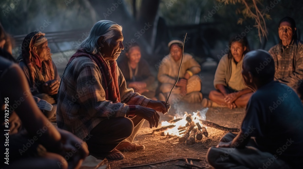 Mid-shot of an indigenous elder sharing traditional stories with younger members of their community. Generative AI Mid-shot of an indigenous elder sharing traditional stories with younger members of their community. Generative AI