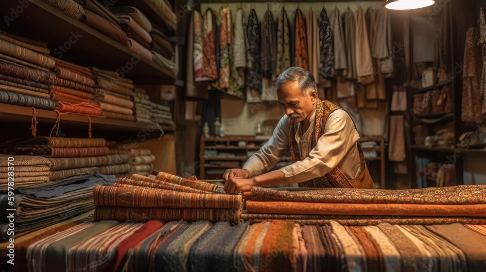 Handbook shop owner arranging fabrics on display, showing off the unique patterns and textures. Generative AI