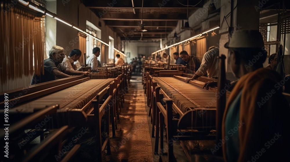 Wide shot capturing skilled artisans working on traditional hand looms, creating beautiful fabrics on National Hand loom Day. Generative AI