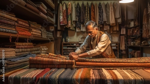 Handbook shop owner arranging fabrics on display, showing off the unique patterns and textures. Generative AI