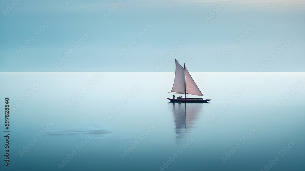 Fototapeta premium Minimalist sailing background of a sailboat reflecting on the still water. Generative AI.