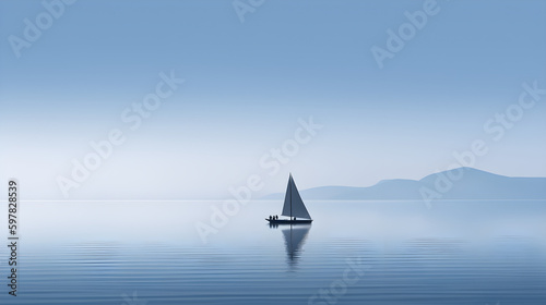 Minimalist sailing background of a sailboat reflecting on the still water. Generative AI.