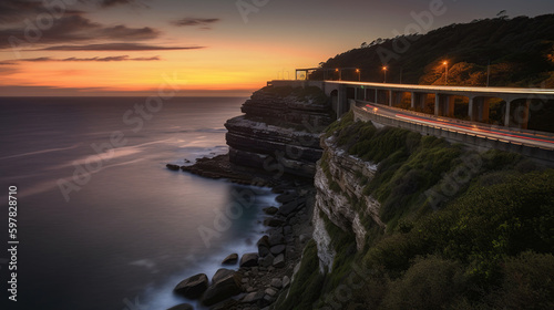 Sunset over the Sea cliff bridge along Pacific ocean coast with lights of passing cars near Sydney. Long exposure, generative ai
