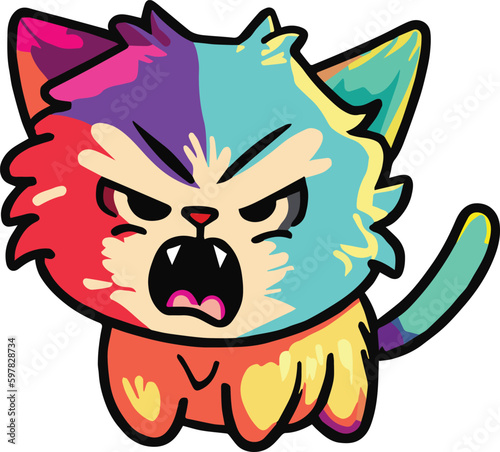 Cute angry cat hissing. Furious kitten with open mouth showing sharp teeth.