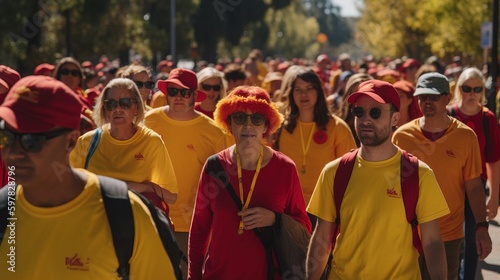 A group of people wearing red and yellow attire, participating in a World Hepatitis Day awareness walk. Generative AI