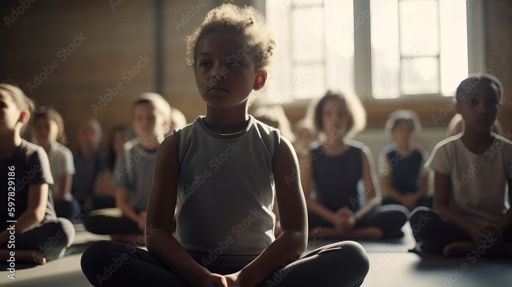 A group of children learning yoga and mindfulness techniques in a school on International Yoga Day. Generative AI A group of children learning yoga and mindfulness techniques in a school on International Yoga Day. Generative AI