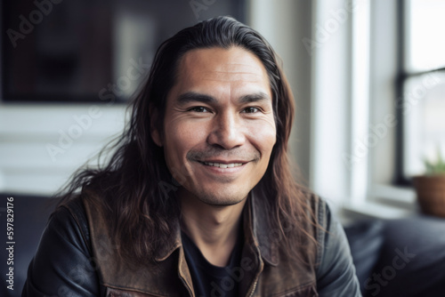 Attractive man sitting at home near a window. Generative AI.