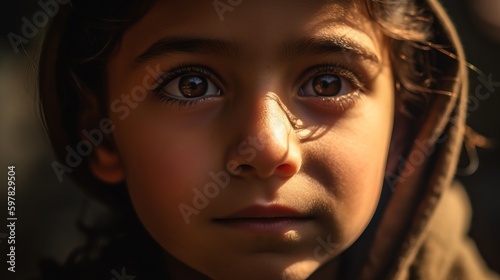Close-up shot of a refugee child s face, telling a story of hope and resilience on World Refugee Day. Generative AI