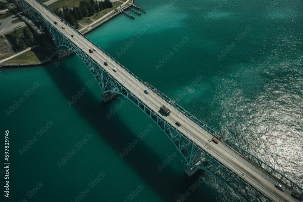 Bird's-eye view of the Blue Water Bridge connecting Sarnia and Port Huron. Generative AI