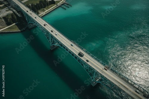 Bird s-eye view of the Blue Water Bridge connecting Sarnia and Port Huron. Generative AI