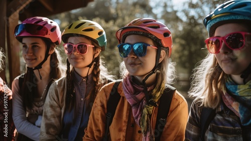 A group of friends wearing helmets and colorful outfits, preparing for a bike ride to celebrate World Bicycle Day. Generative AI