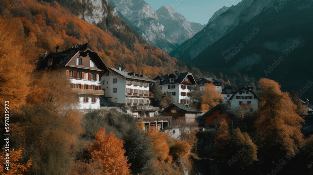 Fototapeta premium Beautiful old town surrounded by mountains view. Generative AI