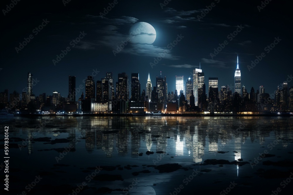 New York skyline silhouetted by moonlight. Generative AI