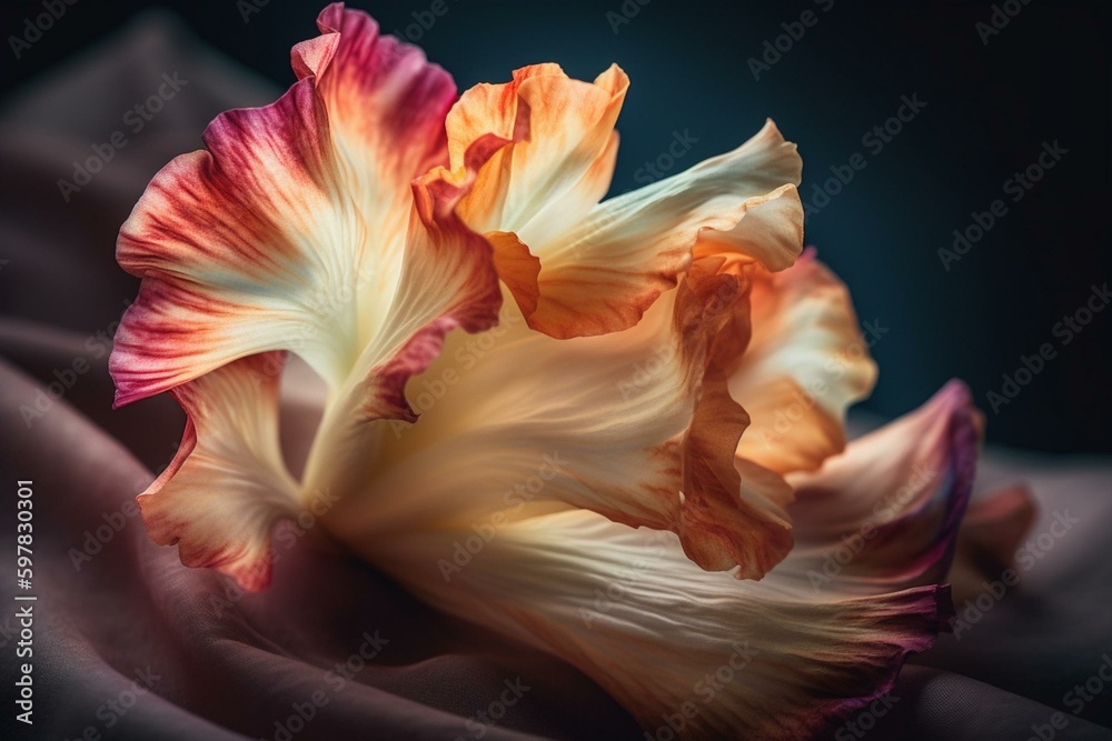 Close-up of a multicolored gladiolus flower on silk fabric. Generative AI