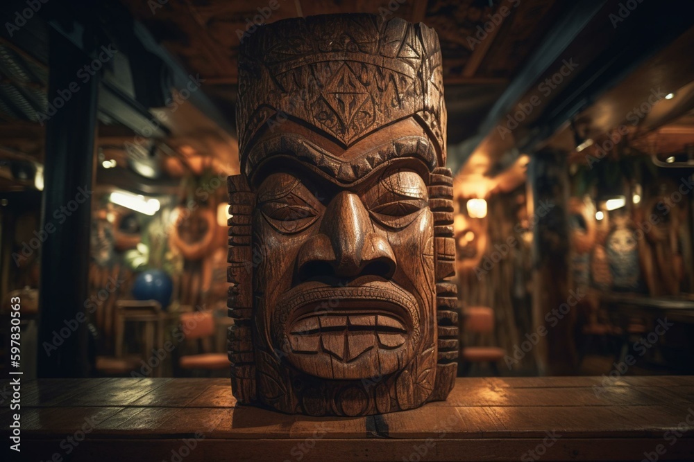 Wooden tiki mask design for surfing bar with traditional ethnic idol of Hawaiian, Maori or Polynesian origin. Old tribal totem ties in with surfing culture. Generative AI - obrazy, fototapety, plakaty 