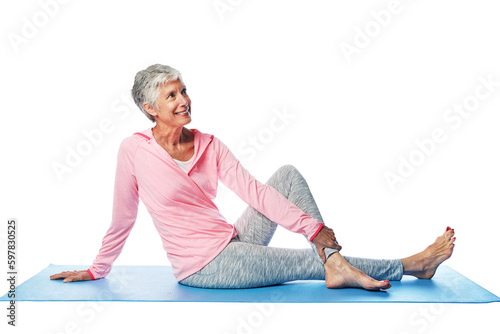 Yoga, thinking and senior woman isolated on transparent, png background for wellness, health and fitness on floor. Relax, body and elderly person with ideas for pilates training, workout or exercise