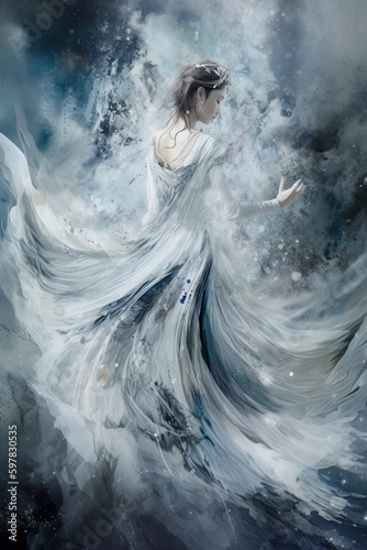 A woman in a white dress is surrounded by water. AI generative.