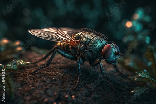 Close-up of a fly with intricate pattern, shimmering in the night in a forest clearing. Generative AI © Idris