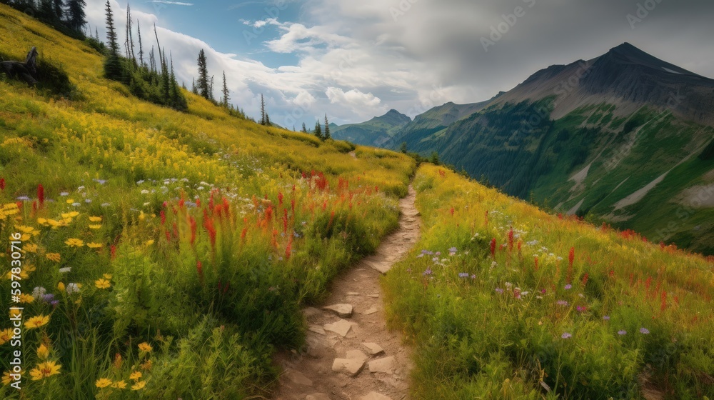 trail leading onto mountains with flowering meadows. Generative AI