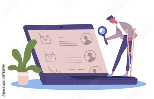 Analyzing cv handicapped character. Cartoon male employee with crutches holding magnifying glass, checking resume