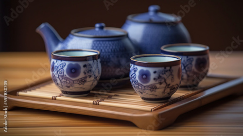 Japanese Tea - Hot Teapot And Teacups On Bamboo Mat, generative ai