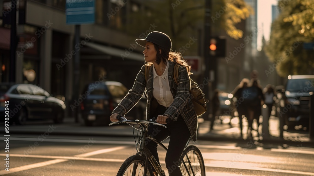 A mid-shot of a woman riding her bicycle to work, demonstrating an eco-friendly mode of transportation that contributes to a more sustainable lifestyle. Generative AI