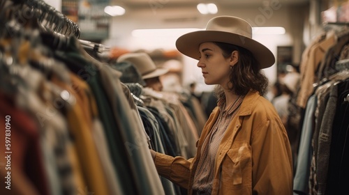 A mid-shot of a person shopping at a thrift store, browsing through a rack of second-handclothes, highlighting the benefits of supporting sustainable fashion. Generative AI