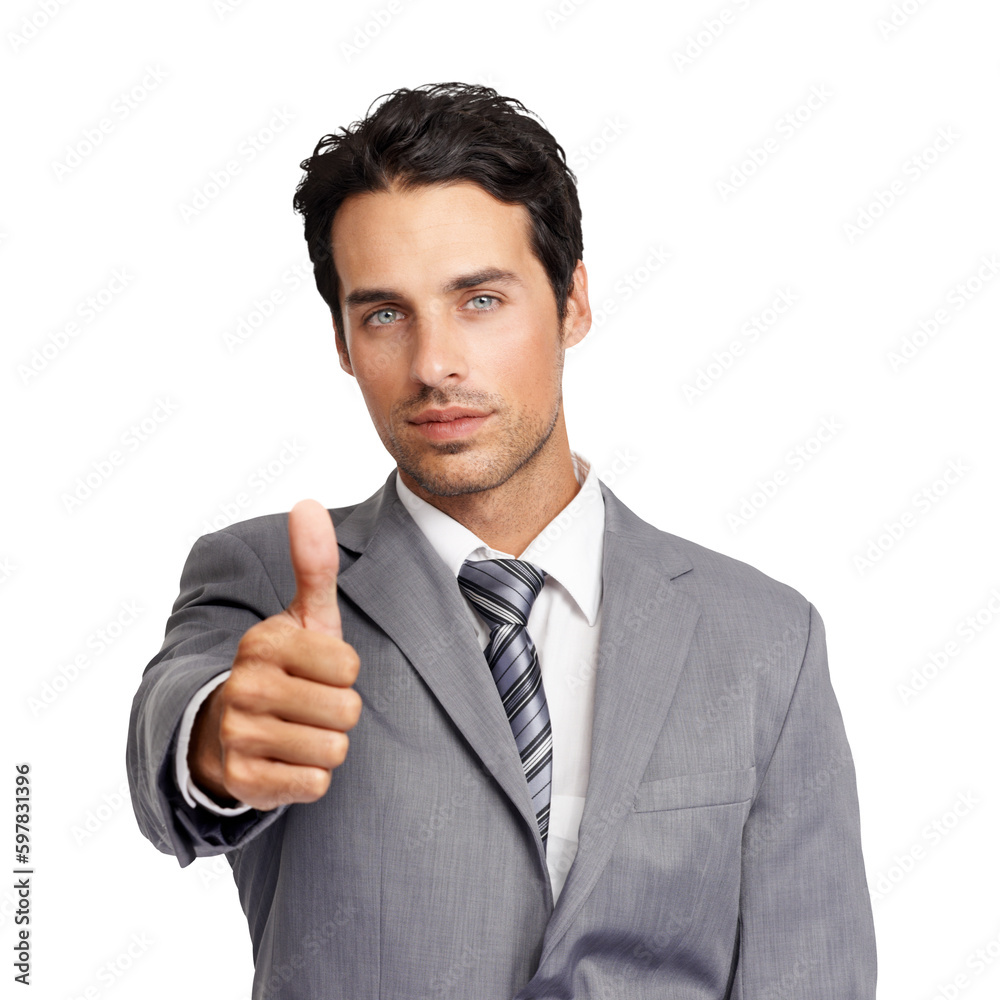 Business man, portrait and hand for thumbs up sign for support and motivation for success. Male entrepreneur person with like emoji for thank you or feedback isolated on a transparent, png background Business man, portrait and hand for thumbs up sign for support and motivation for success. Male entrepreneur person with like emoji for thank you or feedback isolated on a transparent, png background