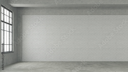 Empty, loft industrial interior. White brick walls and big windows. Interior concept background . 3d Render