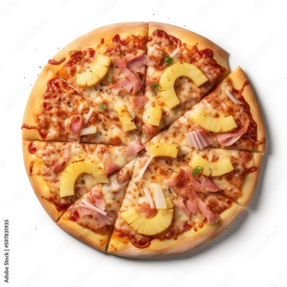 Hawaiian pizza Top View Isolated on White. Generative AI Hawaiian pizza Top View Isolated on White. Generative AI